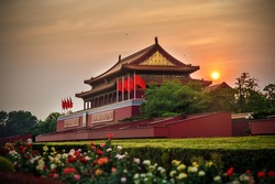 Tiananmen Square And Gate Of Heavenly Peace On Sunset, Sundown In Beijing, China. Translate Is "Long Live The People's Republic Of China", "Long Live The Great Unity Of The People Of The World"
