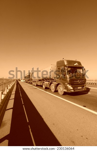 TIANJIN - DECEMBER 9: heavy duty trucks stopped on the\
highway Because of the traffic jam, on December 9, 2013, tianjin,\
China.  