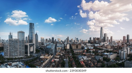 tianjin skyline, modern cityscape against a sunny sky