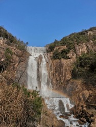 Tiantai Mountain Waterfall With Rainbow