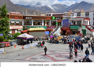 Tibet, Lhasa, China, June, 03, 2018. People walking near the checkpoint to the main square in the historical center of Lhasa. Tibet, China