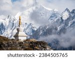Tibetan Buddhist stupa on the way to Kyangjin Kharka village in Langtang National park in Nepal. The Langtang Valley is mainly inhabited by the Tamang people they mainly follow Tibetan Buddhism.