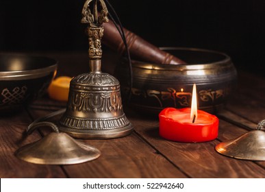 Tibetan Instruments For Music Meditation With Candles