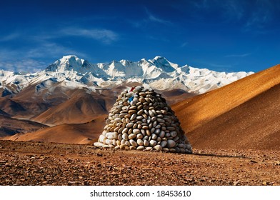 Tibetan landscape with mount Cho Oyu on background