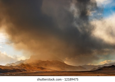 Tibetan landscape with storm clouds