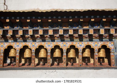 Tibetan Prayer Wheel In Old Temple At Bhutan