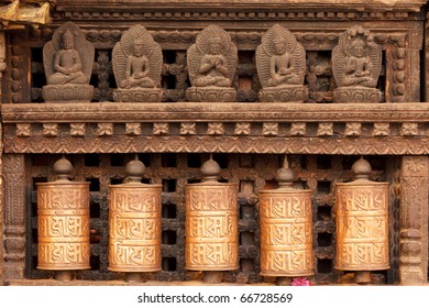 tibetan prayer wheels at monkey temple, Kathmandu, Nepal