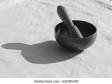 Tibetan Singing Bowl. Black And White Photo