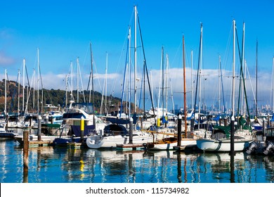 Tiburon, California yacht harbor with the San Francisco skyline in the background