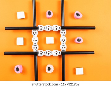 Tic Tac Toe Halloween Game,bright Orange Background.