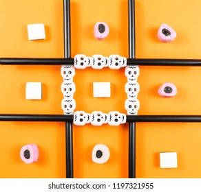 Tic Tac Toe Halloween Game,bright Orange Background.