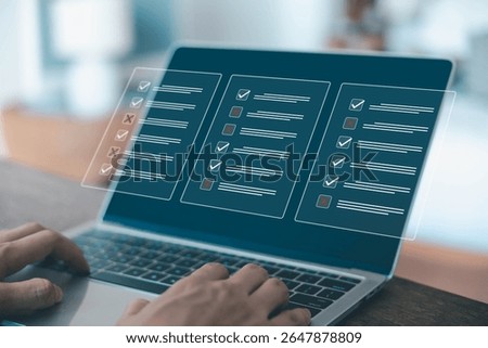 Tick check mark in a checklist, audit process, or report. Concept of form audit, certificate digital, online list questionnaire. checkmark in the document survey, and evaluation