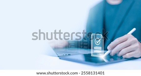 tick mark evaluation in the options check form online on a laptop. checklist concept, task audit in a list of documents. verify task detail business, process order. tick the checkmark in the survey it