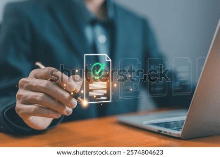 tick mark evaluation in the options check form online on a laptop. checklist concept, task audit in a list of documents. verify task detail business, process order. tick the checkmark in the survey it
