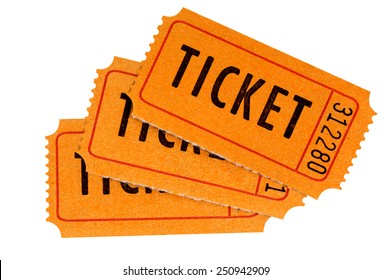 Ticket : Group Of Three Orange Movie Or Raffle Tickets Isolated On White Background.  