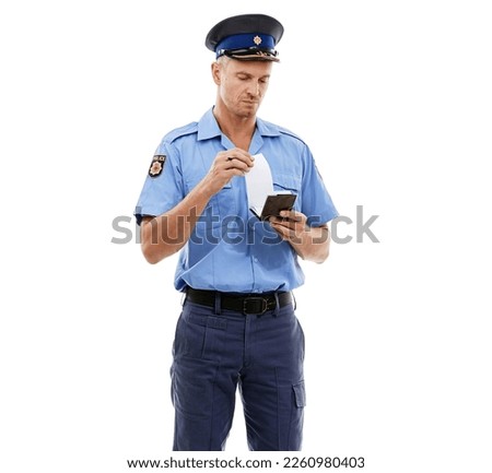 Ticket, parking fine and police writing on notepad for traffic rule, crime and public service on white background. Justice, law enforcement and policeman, security guard and safety officer with paper