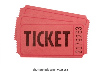 Ticket : Several Red Movie, Concert Or Raffle Tickets Isolated On White Background.