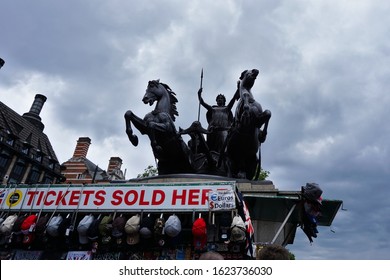 Ticket shop underneath the statue Boadicea and Her Daughters at the north side of the western end of Westminster Bridge, near Portcullis House and Westminster Pier, Photo was taken on 15/06/2019. 