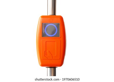Ticket validator, card reader on public bus, trolleybus, tram. Public Transport card reader and scanner for toll payment, bank card and smartphone. Isolated on white background - Shutterstock ID 1970606510