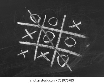 Tic-tac-toe on chalkboard, blackboard background and texture