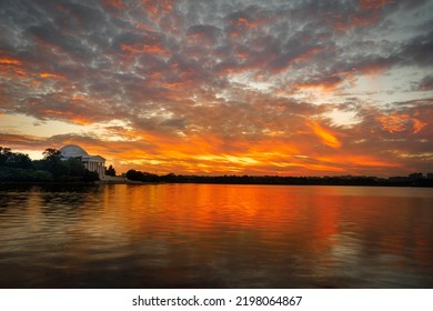 Tidal Basin In Washington During A Fiery Sunset