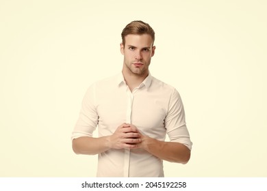 Tidy Boy. White Collar Worker. Working Formal Dress Code. Menswear Formal Style. Guy Handsome Office Worker. Clerical And Middle Chain Management. Man Well Groomed Formal Shirt White Background