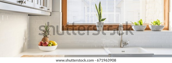 Tidy white\
kitchen with plants on a window\
sill