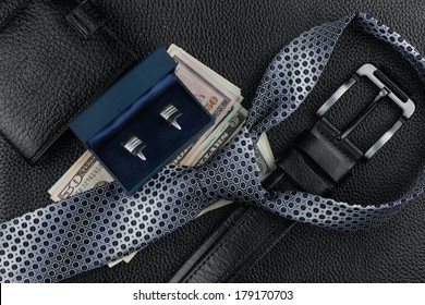 Tie, Belt, Wallet, Cufflinks, Money Lying On The Skin, Can Be Used As Background