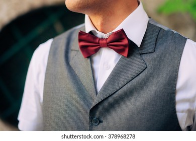 Tie Butterfly Close-up. Wedding Groom Suit