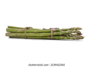A tied bundle of fresh green asparagus isolated against a white background.