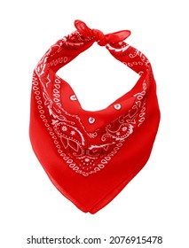 Tied red bandana with paisley pattern isolated on white, top view