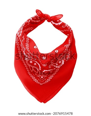 Tied red bandana with paisley pattern isolated on white, top view