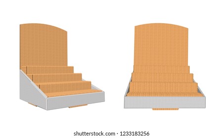 Tier Counter Display, Tiered Stand, Blank Counter Display Mock Up Isolated On White Background With Perspective View, 3D Presentation