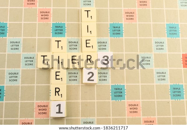 Tier one, tier two and tier three on a
scrabble board, local levels tighter restrictions and lockdown
concept. Lancashire, UK, September
2020: