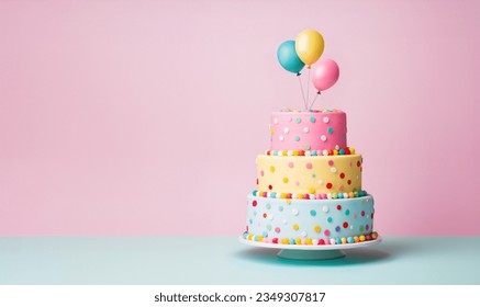 Tiered birthday cake with pastel colored tiers decorated with party balloons