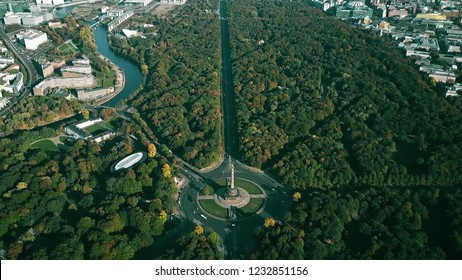 The Tiergarten Park and the Victory Column roundabout traffic. Aerial view of Berlin, Germany