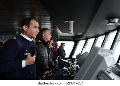 TIERRA DEL FUEGO, CHILE - NOVEMBER 18,2014:In the cockpit of a passenger vessel "Via Australis" the archipelago of Tierra del Fuego.