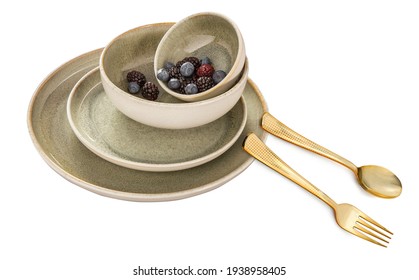 TIF format with different layers, Ceramic bowl on white background, Golden bowl with Spoon and fork, Golden spoon and fork,
