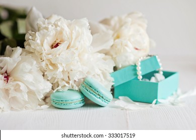 Tiffany Blue Macarons With Peony And Gift Boxes 