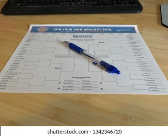 Tiffin, Iowa, USA - 3/2019: Printed NCAA 2019 Tournament Bracket