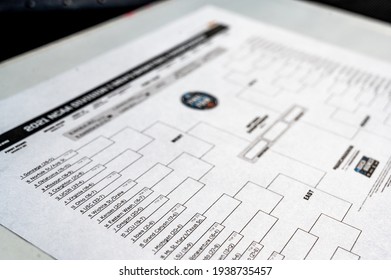 Tiffin, Iowa, USA: 3-2021: Selective Focus On Western Region Of A Printed NCAA 2021 Tournament Bracket