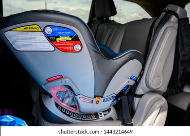 Tiffin, Iowa, USA - 7/2019: Rear Facing Infant Car Seat In A Van