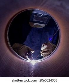 Tig Welding Inside The Large Diameter Steel Pipe. Gas Tungsten Arc Welding .