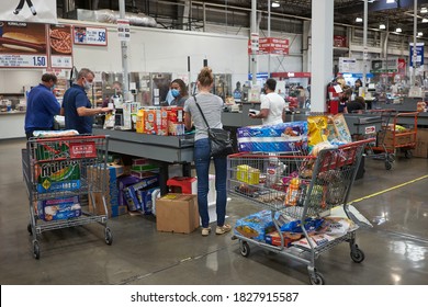 Tigard, OR, USA - Aug 24, 2020: The check-out counter in a Costco Wholesale store in Tigard, Oregon, during the coronavirus pandemic.