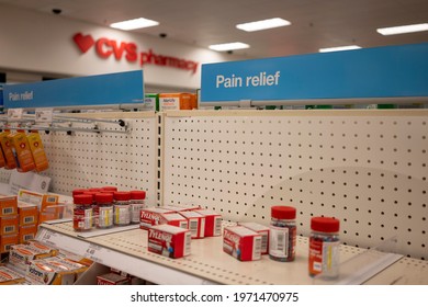 Tigard, OR, USA - Feb 21, 2021: Pain Relief Medications Including Tylenol Are Seen In A CVS Pharmacy. Acetaminophen Is Known By The Brand Name Tylenol And Approved To Treat Pain And Fever.