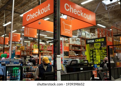 Tigard, OR, USA - Mar 13, 2021: The self-checkout lane in the Home Depot in Tigard, Oregon. Selective focus.