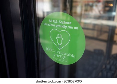 Tigard, OR, USA - Sep 8, 2021: A Window Sticker Seen At The Sephora Tigard Store Claims That All Sephora Location In The U.S. Run On Renewable Energy With Wind And Solar Energy Certificates.