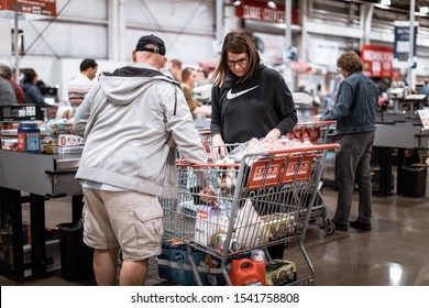 Tigard, Oregon - Oct 25, 2019 : Checkout lanes in a Costco Wholesale store