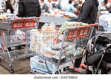 Tigard, Oregon - Oct 25, 2019 : Checkout lanes in a Costco Wholesale store