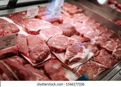 Tigard, Oregon - Oct 30, 2019 : Selling meat in shop-window at Whole Foods Market